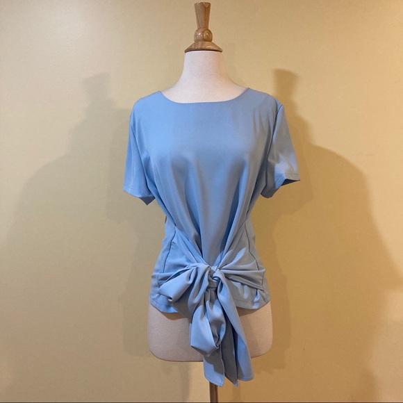 Tie Front Short Sleeve Cropped Blouse Baby Blue - Picture 6 of 9